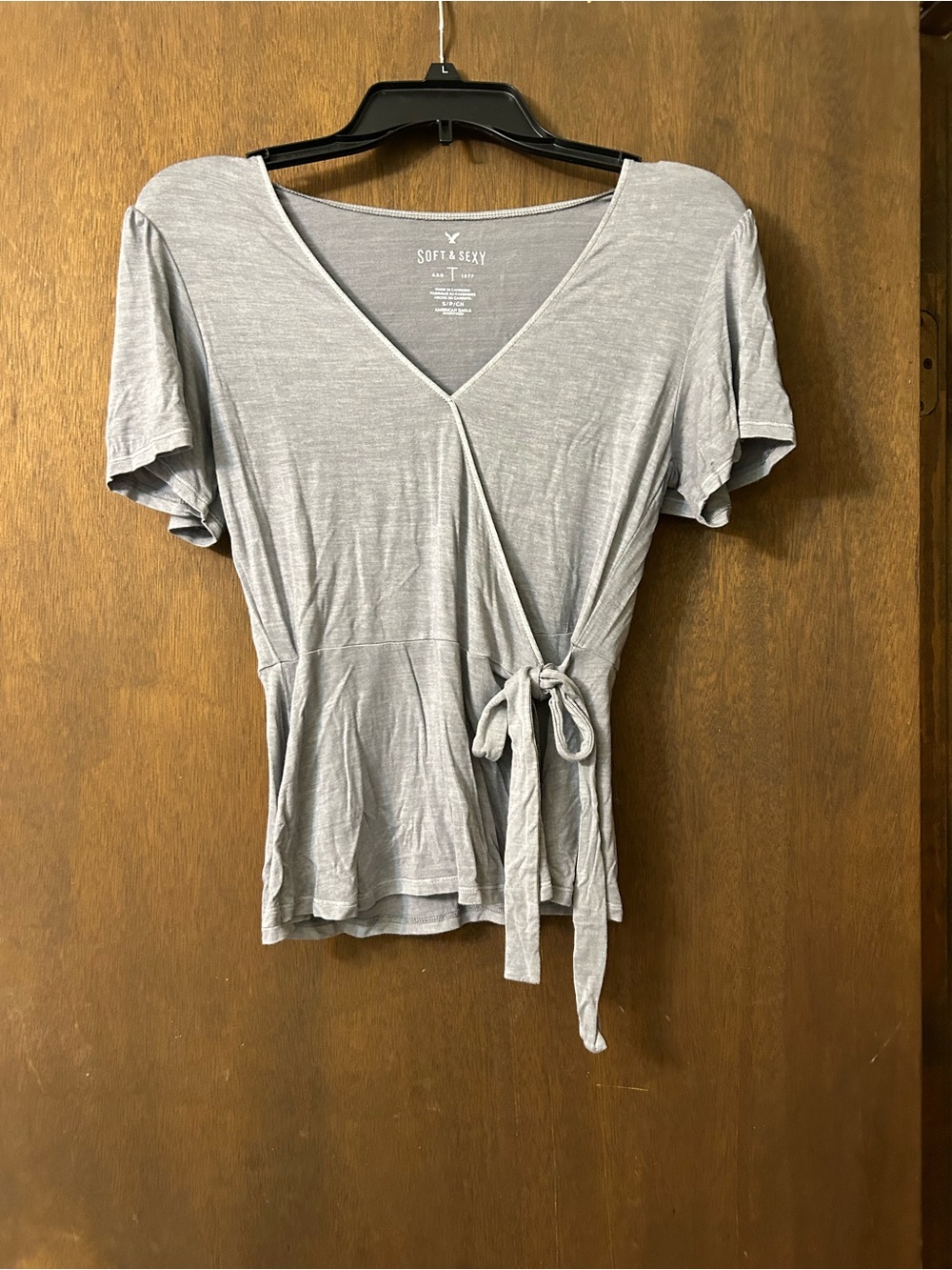 American Eagle Outfitters-New/Never Worn Light Gray Wrap V-Neck Tie Blouse.Small